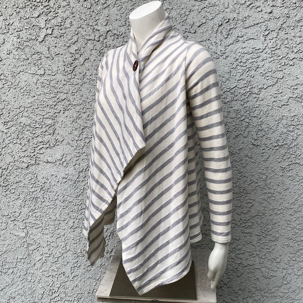 Bobeau Asymmetrical Striped Cardigan Sweater One Button Draped Wrap Coverup